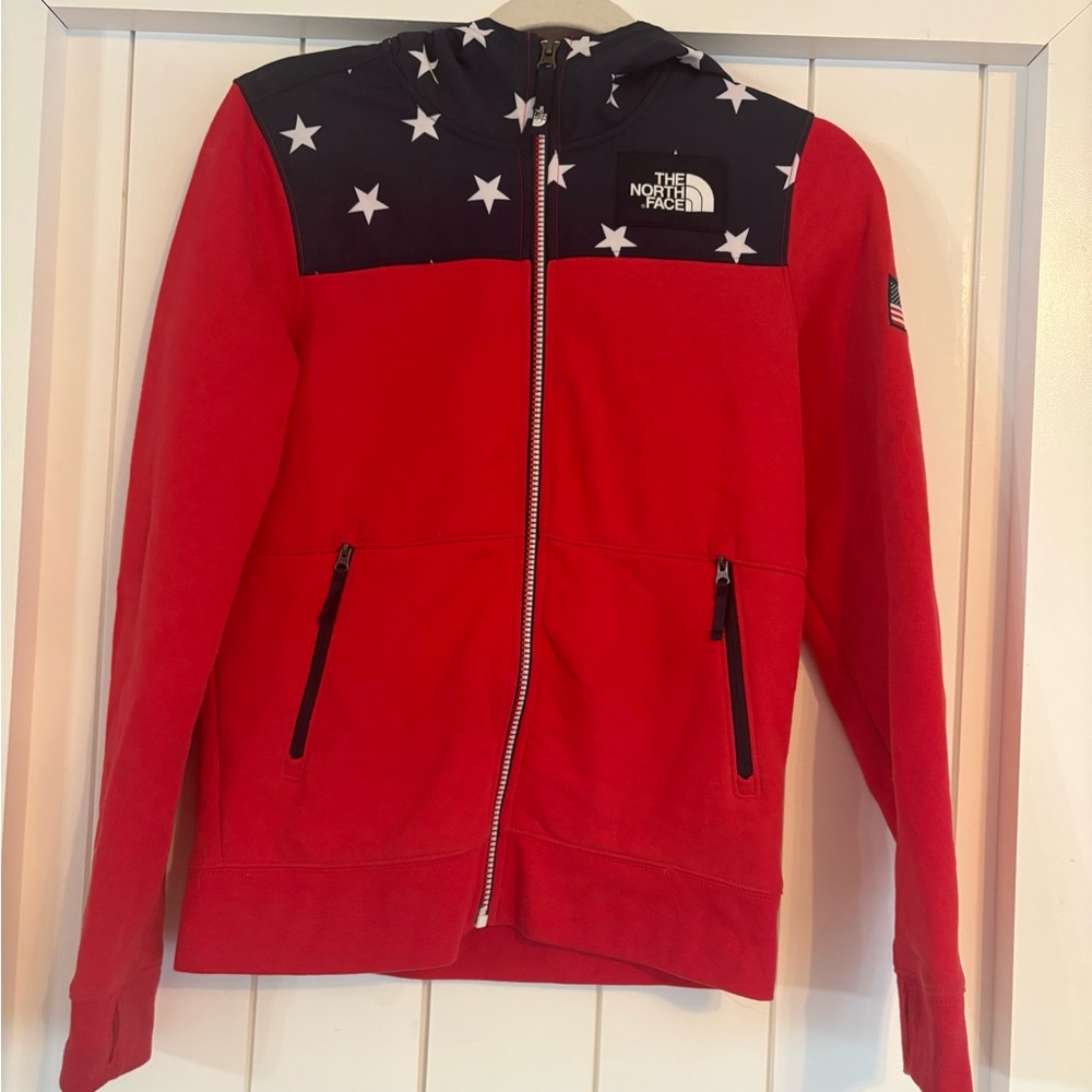 The North Face Red and Black Star Bomber Jacket